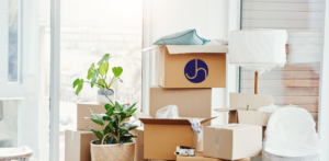 Moving boxes with a Janice Hall logo.